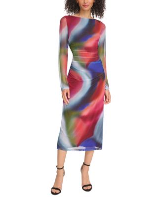 Vince Camuto - Women's Printed Mesh Ruched Bodycon Dress