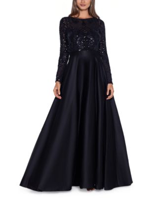 Betsy & Adam - Petite Sequin-Bodice Long-Sleeve Ball Gown