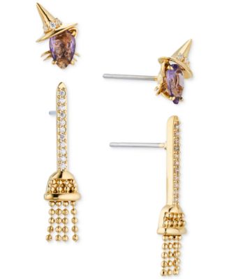 AJOA - 18k Gold-Plated 2-Pc. Set Mixed Stone Witch Cat & Broomstick Earrings
