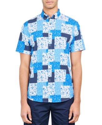 Society of Threads - Men's Slim-Fit Abstract Floral Patchwork Style Short-Sleeve Button-Down Shirt