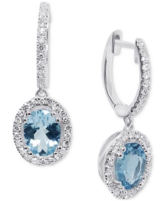 Macy's - Aquamarine (1-3/4 ct. t.w.) & Diamond (3/8 ct. t.w.) Oval Halo Dangle Hoop Drop Earrings in 14k White Gold
