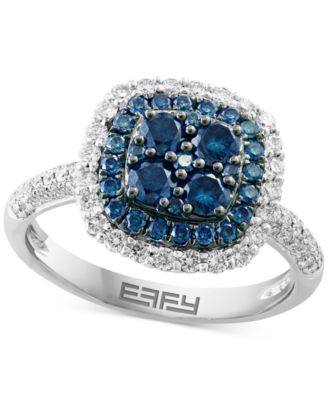 EFFY Collection - Blue Diamond & White Diamond Halo Cluster Ring (1-1/3 ct. t.w.) in 14k White Gold