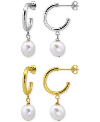 Macy's - 2-Pc. Set Cultured Freshwater Pearl (10 x 8mm) Dangle Hoop Earrings in Sterling Silver & 18k Gold-Plate