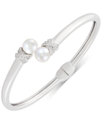 Macy's - Cultured Freshwater Pearl (7-1/2mm) & Lab-Created White Sapphire (1/4 ct. t.w.) Bypass Bangle Bracelet in Sterling Silver