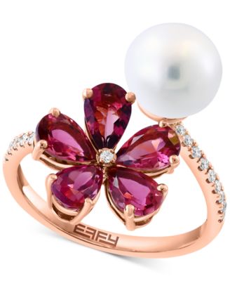 EFFY Collection - Freshwater Pearl (8mm), Pink Tourmaline (5-1/2 ct. t.w.) & Diamond (1/8 ct. t.w.) Flower Bypass Ring in 14k Rose Gold