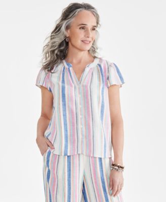 Style & Co - Women's Sandy Stripe Flutter-Sleeve Top