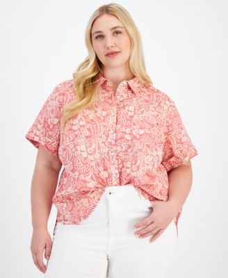 Tommy Hilfiger - Plus Size Cotton Cuffed-Sleeve Camp Shirt