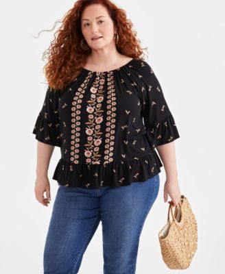 Style & Co - Plus Size Scoop-Neck Ruffled-Hem 3/4-Sleeve Top