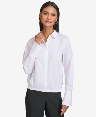 KARL LAGERFELD PARIS - Women's Cotton Long-Sleeve Collared Blouse