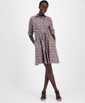 Nautica Jeans - Women's Cotton Floral Roll-Tab Shirtdress