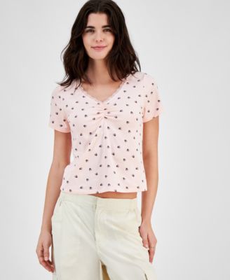 Disney - Juniors' Lace-Trim Minnie Mouse Print T-Shirt