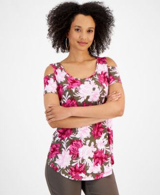 JM Collection - Petite Linear Garden Cold-Shoulder Top