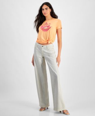 GUESS - Women's Embellished Mid Rise Wide Leg Jeans
