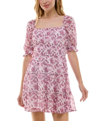 Trixxi - Juniors' Floral-Print Smocked-Waist Tiered Dress