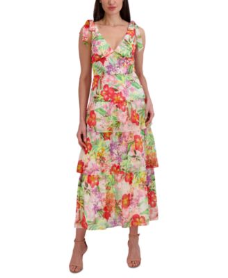 julia jordan - Woman's Printed V-Neck Tie-Straps Tiered Dress
