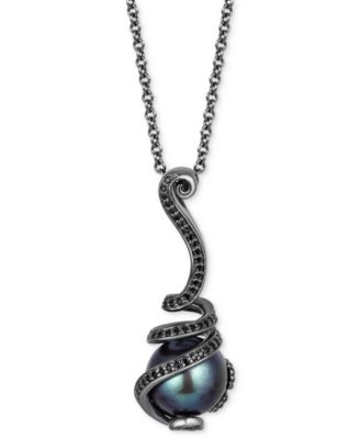 Disney Enchanted Vault - Black Drill Pearl (10mm) & Black Diamond (1/4 ct. t.w.) Ursula Tentacle Pendant Necklace in Black Rhodium-Plated Sterling Silver, 16" + 1" extender