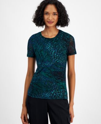 Bar III - Women's Printed-Mesh Short-Sleeve Top