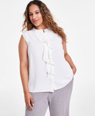 Kasper - Plus Size Ruffled-Front Button-Down Sleeveless Blouse
