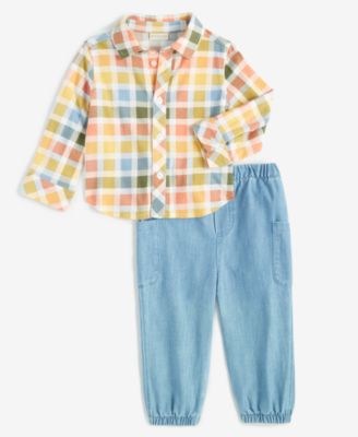 First Impressions - Baby Boys Game Day Plaid Shirt & Pants Set