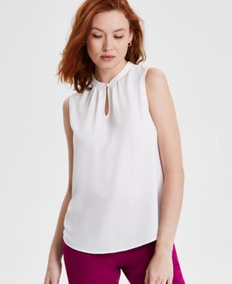 Kasper - Petite Solid Jewel-Neck Sleeveless Keyhole Top