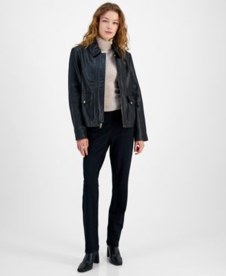 Cole Haan - Petite Leather Zip Front Coat
