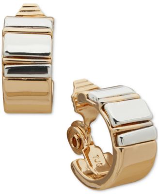 Anne Klein - Gold-Tone Small Stone Inlay Clip-On Huggie Hoop Earrings, 0.77"