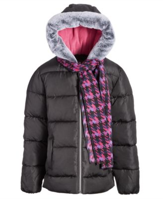 S Rothschild & CO - Big Girls Quilted Full-Zip Hooded Puffer Jacket with Faux-Fur Trim & Houndstooth Scarf