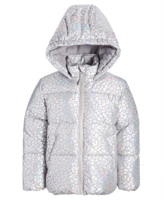 S Rothschild & CO - Big Girls Quilted Metallic Heart-Print Full-Zip Hooded Puffer Jacket
