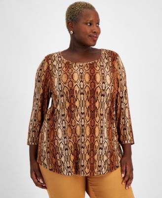 JM Collection - Plus Size Mirrored Python 3/4-Sleeve Top