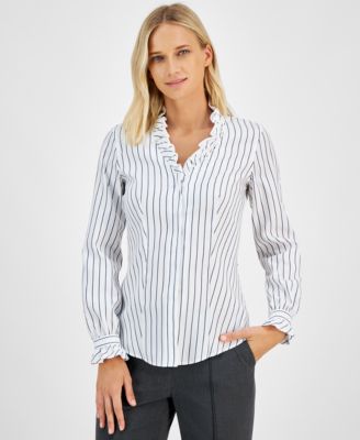 Anne Klein - Women's Striped Ruffle-Trim Button-Front Cotton Shirt