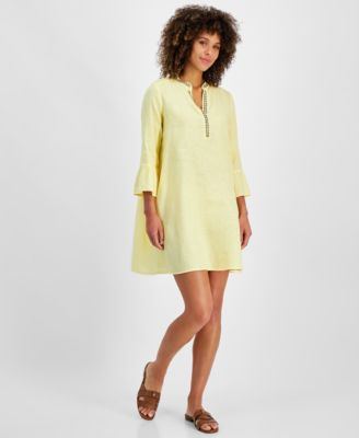 Charter Club - Women's Linen Embellished Split-Neck Mini Dress
