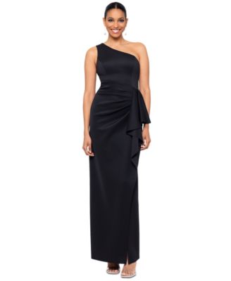 XSCAPE - Petite One-Shoulder Side-Drape High-Slit Gown