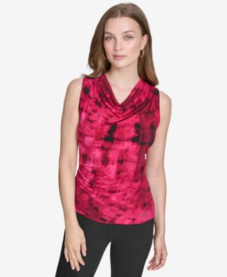 Halston - Women's Printed Asymmetric Cowlneck Top