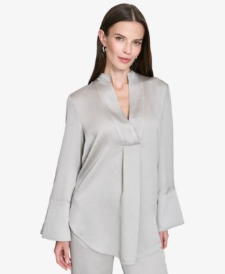 Halston - Women's Band-Collar V-Neck Long-Sleeve Tunic