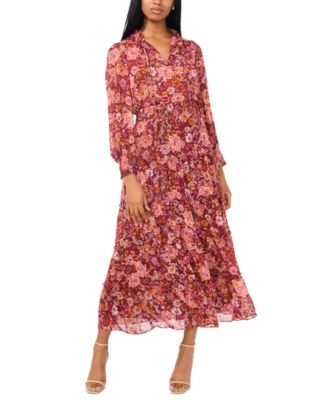 MSK - Women's Floral-Print Tie-Neck Maxi Dress
