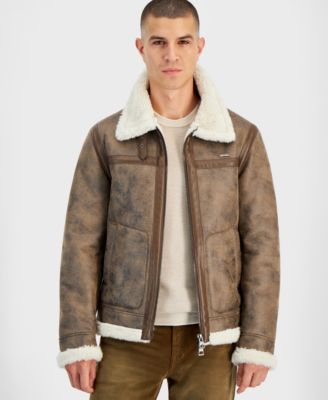 GUESS - Men's Zip Front Aviator Jacket with Faux Fur Lining