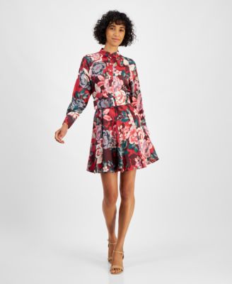 Tahari - Petite Floral Button-Trim Belted Long-Sleeve Dress