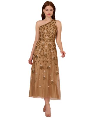 Adrianna Papell - Women's Beaded Asymmetric-Neck Midi Dress