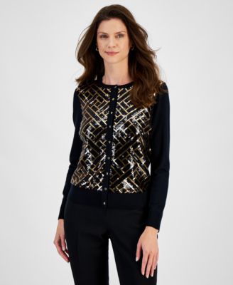 JM Collection - Women's Sequined Button-Down Party Cardigan Sweater