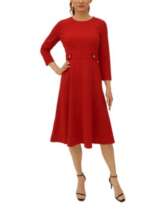 London Times - Women's Crewneck 3/4-Sleeve Fit & Flare Dress