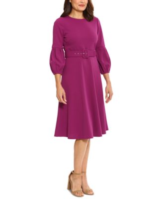 London Times - Women's Belted Scuba-Crepe Fit & Flare Dress