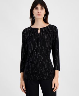 Kasper - Women's Printed 3/4-Sleeve Keyhole Top