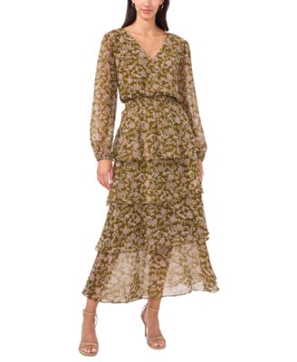 MSK - Women's Floral-Print Smocked-Waist Tiered Dress