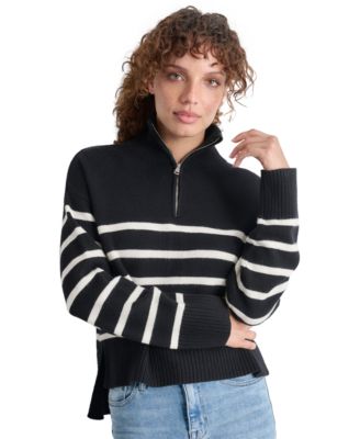 DKNY Jeans - Petite Half-Zip Striped Long-Sleeve Sweater