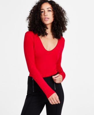 Bar III - Women's V-Neck Long-Sleeve Everyday Contour Bodysuit