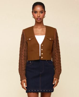 Avec Les Filles - Women's Cropped Cable-Knit-Sleeve Jacket