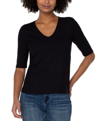 Liverpool Los Angeles - Women's V-Neck Elbow-Sleeve Knit Top