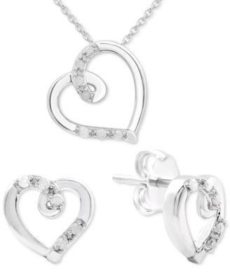 Macy's - 2-Pc. Set Diamond Heart Openwork Pendant Necklace & Matching Stud Earrings (1/6 ct. t.w.) in Sterling Silver
