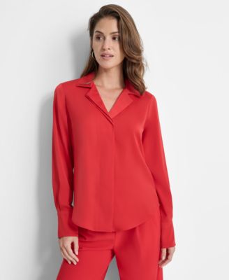 DKNY - Women's Spread-Collar Button-Front Satin Blouse