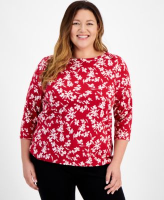 Style & Co - Plus Size Printed Cotton Boat-Neck 3/4-Sleeve Top
